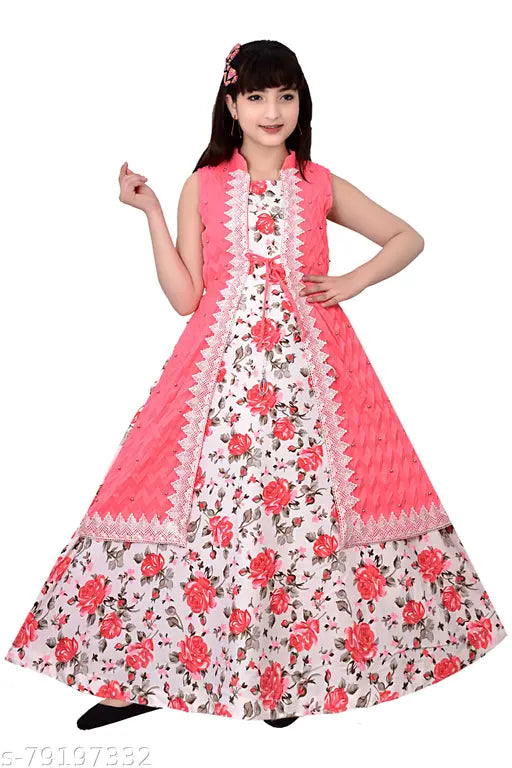 Gajari Flower Printed Cotton Ethnic Dress for Girls - V-neck, sleeveless, belted style in vibrant floral design. Perfect for parties, weddings, and festivals like Diwali, Navratri, etc., made from skin-friendly Indian cotton blend fabric