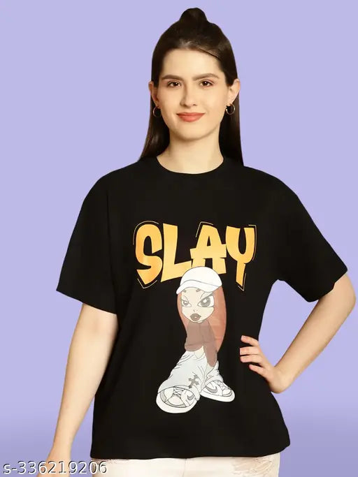 Oversized printed black womens t-shirt with graphic design