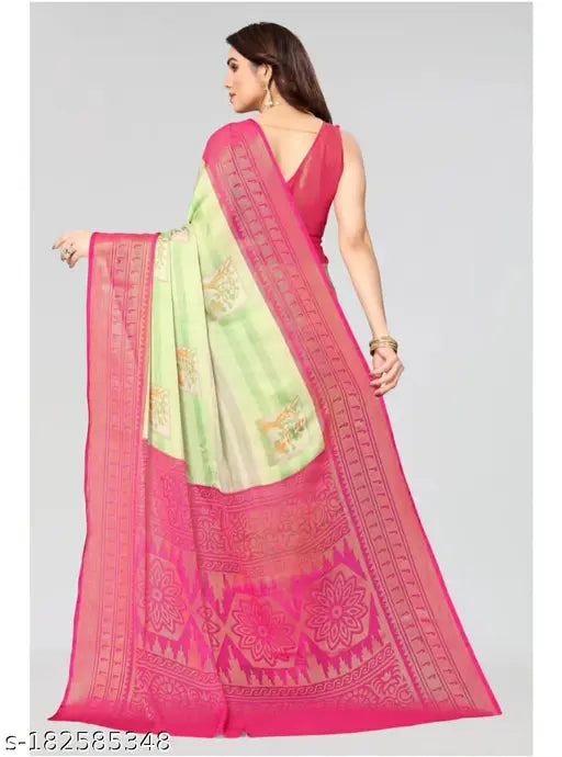 Newest chiffon brasso printed saree with semi-stitched blouse, ideal for parties, weddings, or festivals. Indian origin." (123 characters)