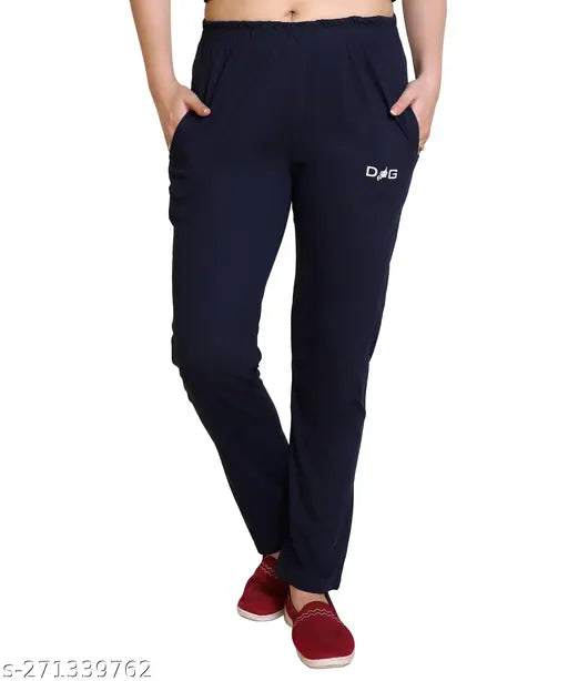 Dark blue sweatpants with white trim and a logo on the right leg