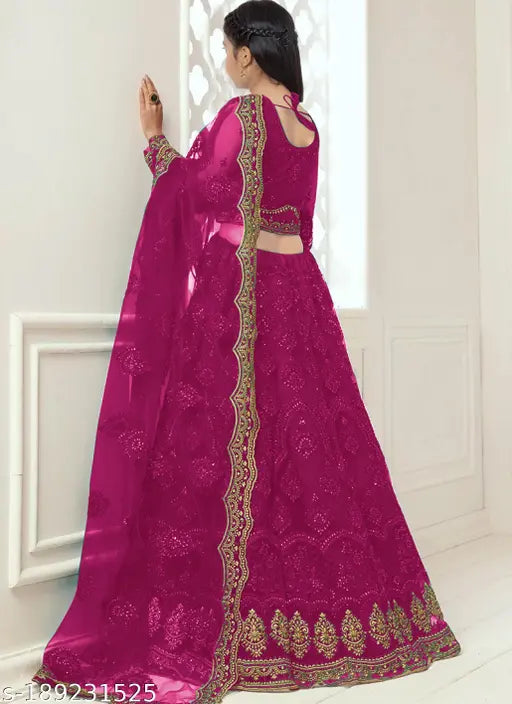 Heavy net and silk semi-stitched Lehenga Choli with embroidery, 31 in waist, striped pattern. 2.5 mtr flair, dry clean only
