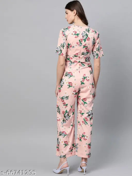 Pastel floral printed women's jumpsuit, polyester, short sleeves, zipper closure, India origin