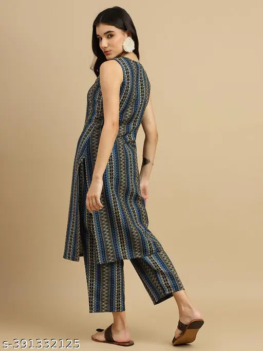 Women's poly rayon kurta with pant set, black and blue color block pattern, 3/4 length sleeves
