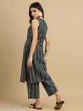 Women's poly rayon kurta with pant set, black and blue color block pattern, 3/4 length sleeves
