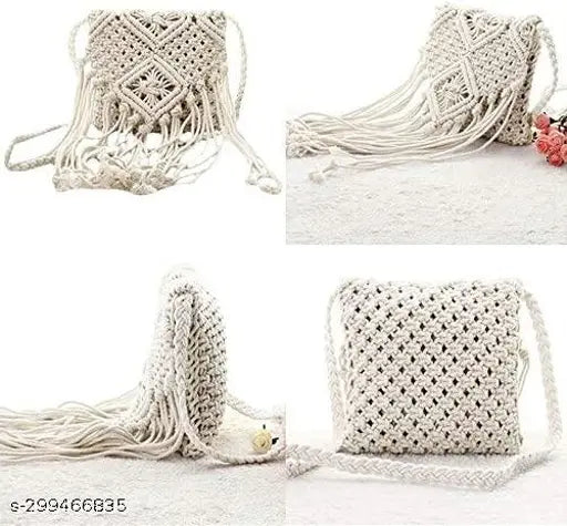 Crochet macramé cotton beach purse with tassels, crocheted straw shoulder bag, bohemian women's handwoven purse