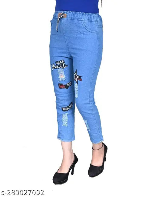 Light blue denim jeans for girls, printed design, adjustable drawstring fit, comfortable stretch, practical pockets