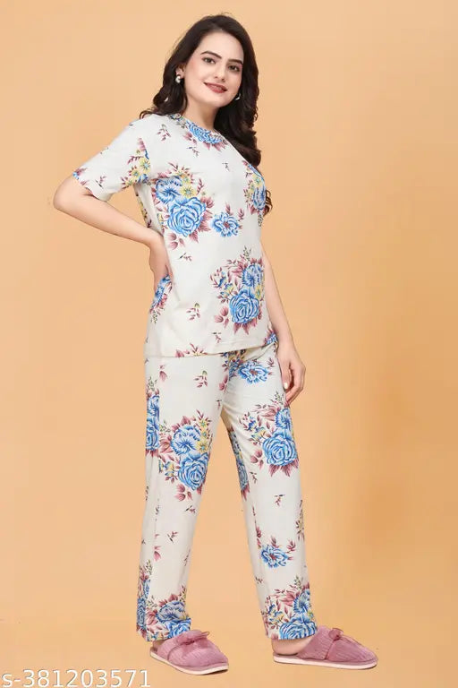 Women's polycotton printed activewear t-shirt and pyjama set, trending yoga wear for women's workout or lounging. Short sleeve design, available in XS-XL sizes