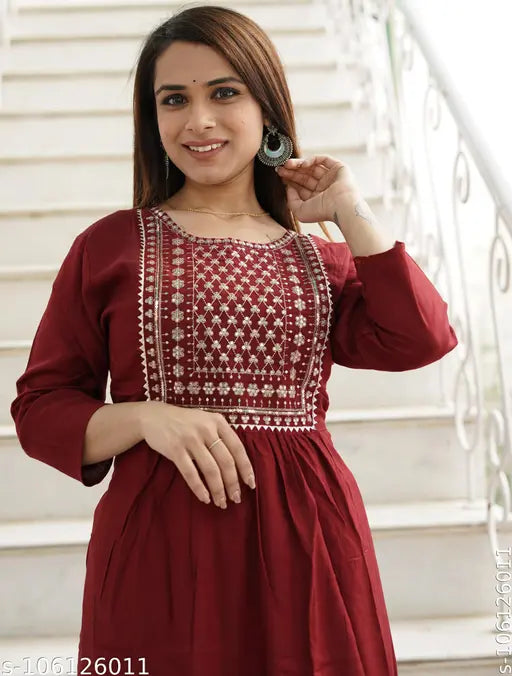 Rara Handicrafts Women's Rayon Regular Kurta with beautiful embroidery - Indian, calf-length, casual, adult rayon two-tone kurta with palazzos and 3/4 sleeves for easy wash, regular fit