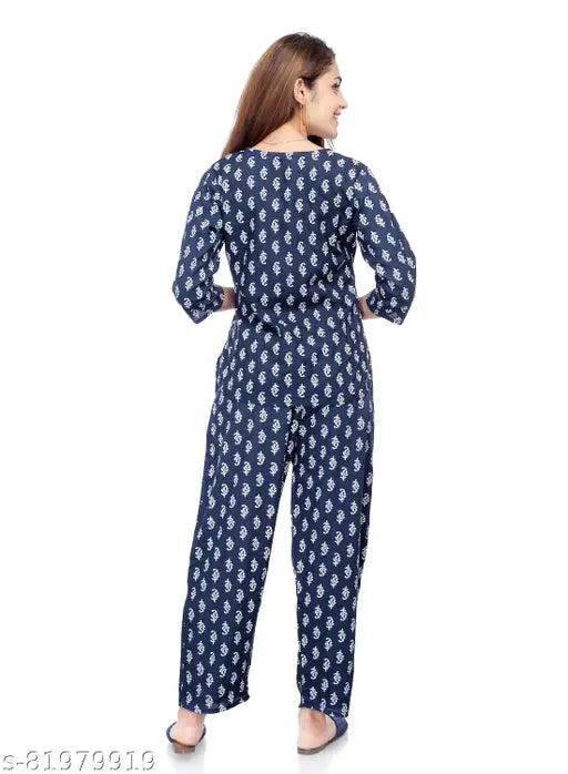 Rayon printed blue pajama top and nightdress for women/girls, three-quarter sleeves, rayon fabric, size options available