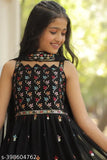Black embroidered Georgette sharara set with matching dupatta, ideal for girls aged 3-15 years. Stunning black sharara with flared silhouette, paired with intricate embroidery on the dupatta