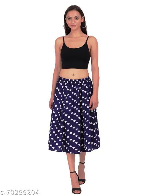 Blue polyester mid calf length women's skirt with white floral and blue heart print, white waist belt