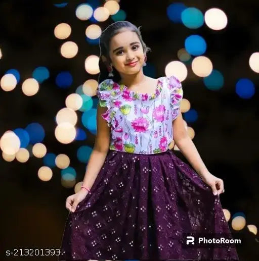 Kids baby girls Fablus lehenga choli set, satin top with short sleeves, rayon lehenga with embroidered pattern, Indian traditional wear for young girls