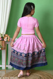 Kids printed dupion silk lehenga choli with botanical pattern, short sleeves, one piece, 1-2 years old. Indian children's fashion accessory