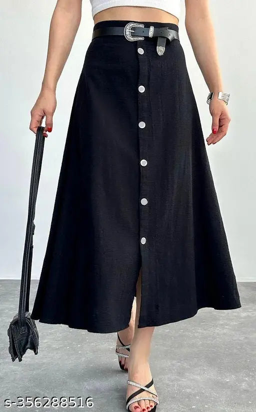 Black buttoned denim skirt with asymmetrical hemline, knee length, front closure. Ideal for women's formal wear