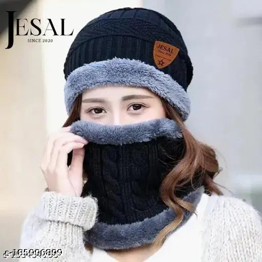 Black knitted winter hat with neck muffler and premium cap, wool material