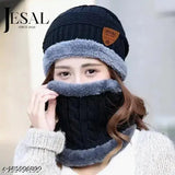 Black knitted winter hat with neck muffler and premium cap, wool material