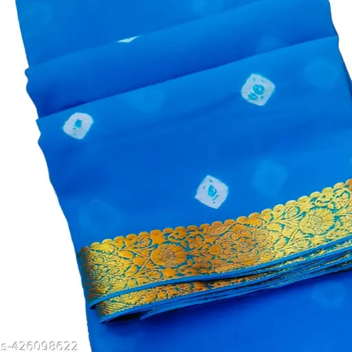 Active Bandhani chiffon saree with zari border, vibrant print on flowing fabric, free size from India