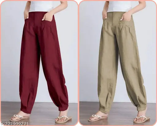Stylish cotton carrot pant, loose fit with elasticated back belt and front tieup drawstring, two pockets, solid color