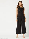 Black polyester sleeveless jumpsuit with halter neck, sequin panel, & deep V backline - Miss Chase Women's Solid Halter Neck Jumpsuit
