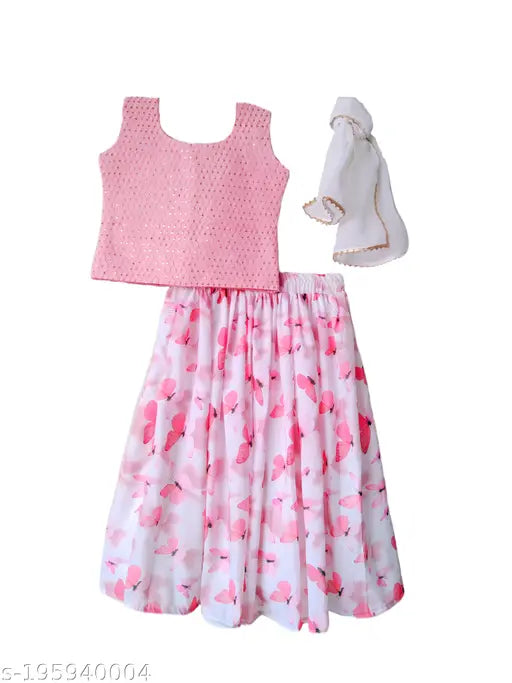 Flower-printed traditional dress set: Crepe lehenga, rayon dupatta for teen girls aged 2-11 years old, colorblocked with embroidered details