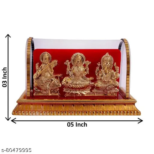 Gold-plated brass Idol: Laxmi Ganesh, Saraswati for home decor, handcrafted showpiece (10cm x 10cm x 10cm)
