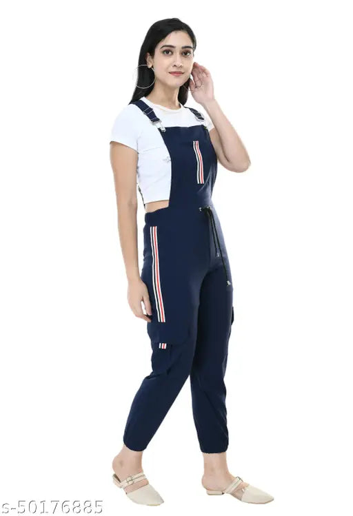 Striped navy cotton blend jumpsuit, sleeveless and trendy, showcasing women's fashion in multiple sizes: S-28, M-30, L-32, XL-34