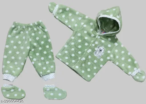 Light green wool polka dots cartoon print full sleeves sweater set for baby boys & girls