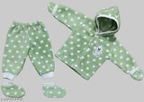 Light green wool polka dots cartoon print full sleeves sweater set for baby boys & girls