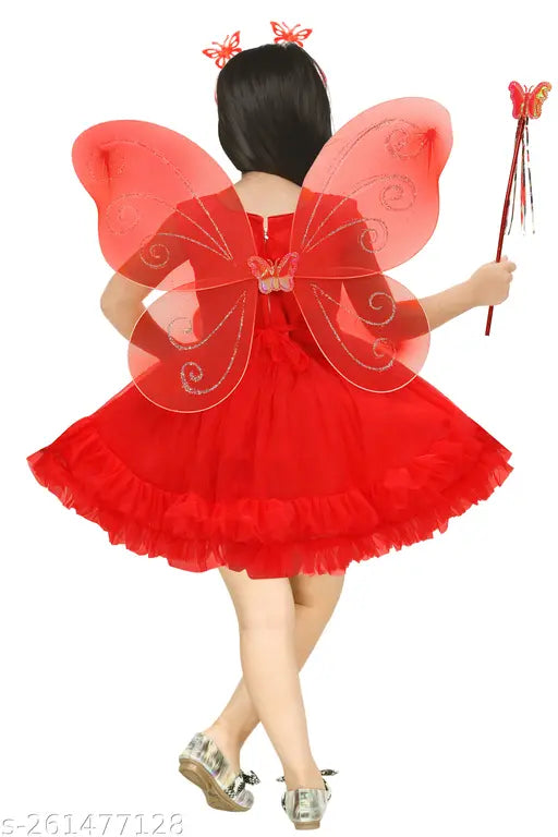 Pari Dress Frock With Butterfly Wings Hair Band Fairy Stick Princess Dress  For Girl Red