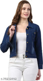 Dark blue denim women's jacket with long sleeves, solid pattern, sizes S-XL. Made in India