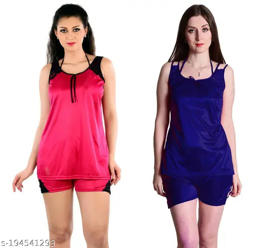 Red satin combo top & shorts set (red, royal blue) - high-quality satin nightwear for women by Dream Night Brand, perfect for special occasions or everyday comfort