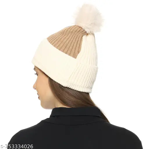 Womens soft winter beanie cap with fur lining, pink pom pom accent