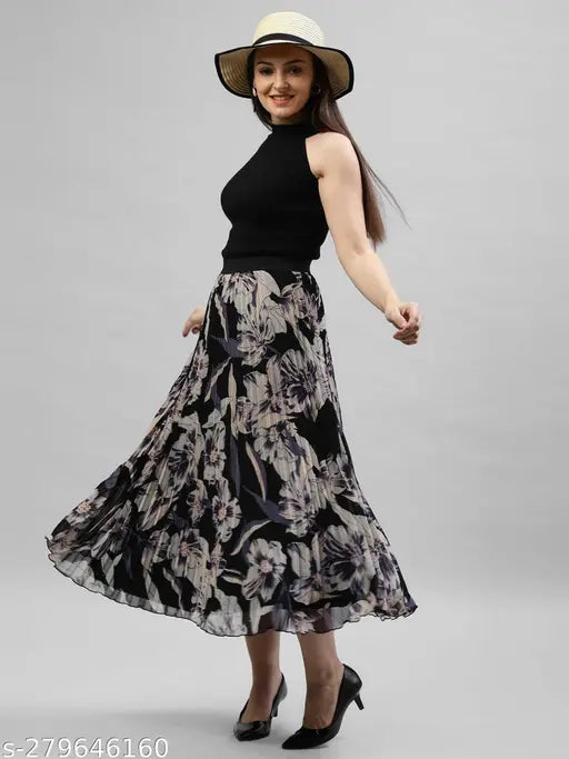 Black, floral print midi dress with off-the-shoulder style