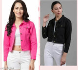 Pink and black cotton-blend women's jacket with three-quarter sleeves. Solid pattern, available in S, M, L, XL sizes