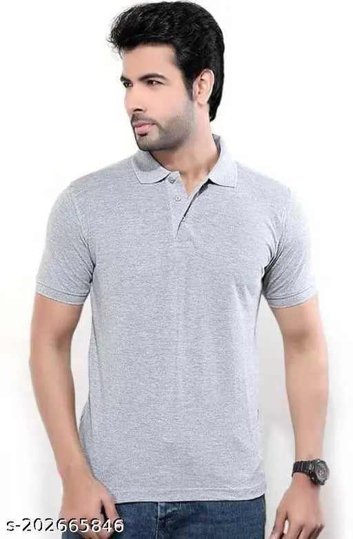 Grey cotton blend men's regular fit short sleeve polo t-shirt, durable stitching for all seasons