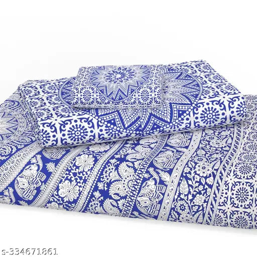 Textile Nation Hand Print 100% Pure Cotton 160 TC Bedsheet for Double Bed Queen Size with 2 Pillow Covers, Bed Sheet Size (90X100 Inches, 7.5 x 8.3 Feet)