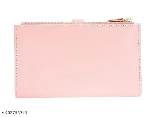 Solid pink wallet, leather material, 6 card slots