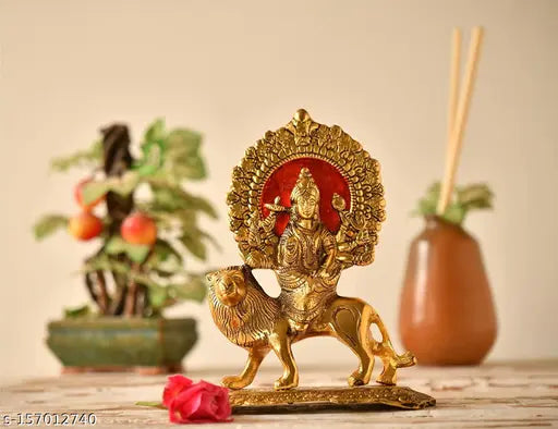Golden, Hindu goddess Durga Maa statue, 4 inch Haridwar divine metal idol