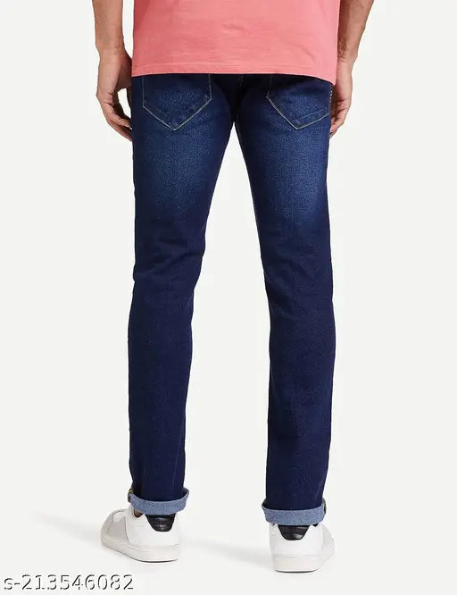 Dark blue denim slim fit jeans for men, signature Markview style. Solid pattern, high-quality fabric. Sizes: 30 (waist 30in, length 39in), 32 (waist 32in, length 39in). Made in India