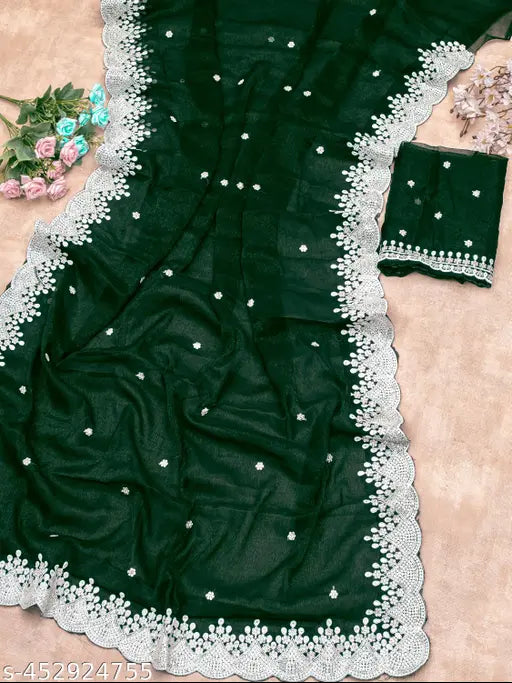 Sequinned and White Thread Work Embroidered Sari with Blouse - A Vibrant Masterpiece Perfect for Every Occasion and Embracing the Latest Trends
