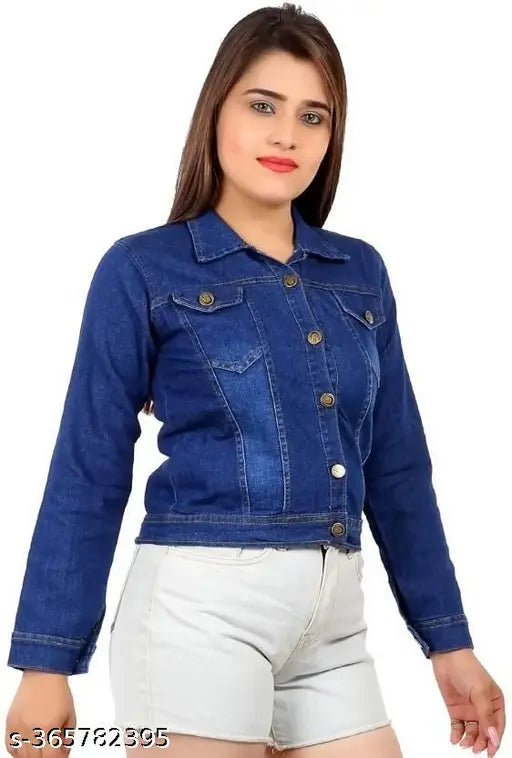 Dark blue denim jacket with a zippered front and white trim