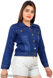 Dark blue denim jacket with a zippered front and white trim