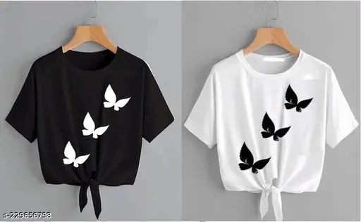 Pretty Fabulous women's polycotton round neck top & t-shirt combo, trendy printed net design, XS-XL sizes