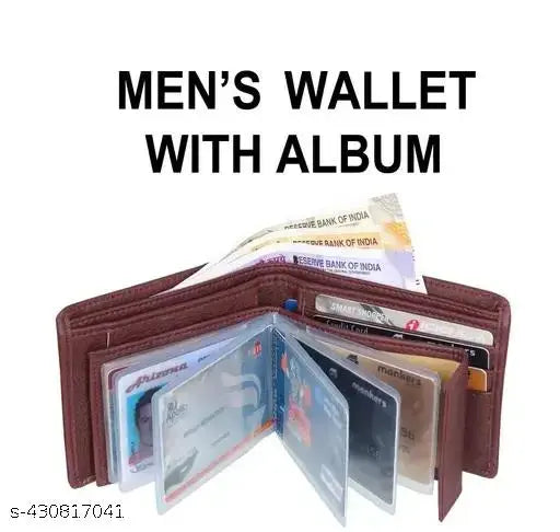 Brown faux leather men's wallet with unique design, features 2 compartments for cards and cash