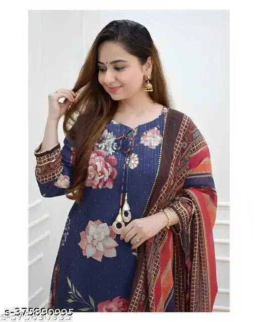 Blue and red embroidered kurta and sharara set with dupatta