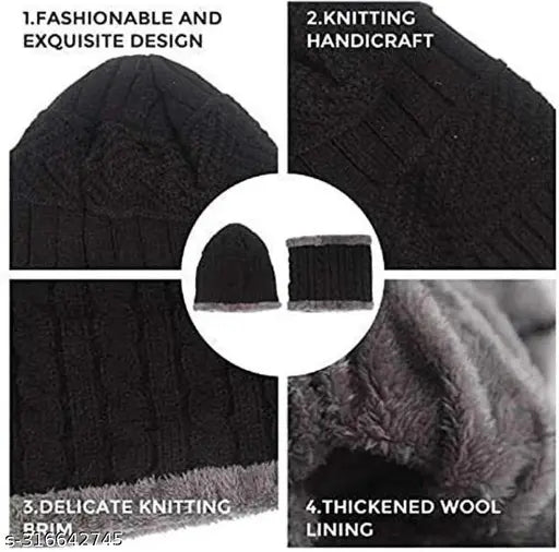 Black knitted caps and neck warmers set, made from soft yarn