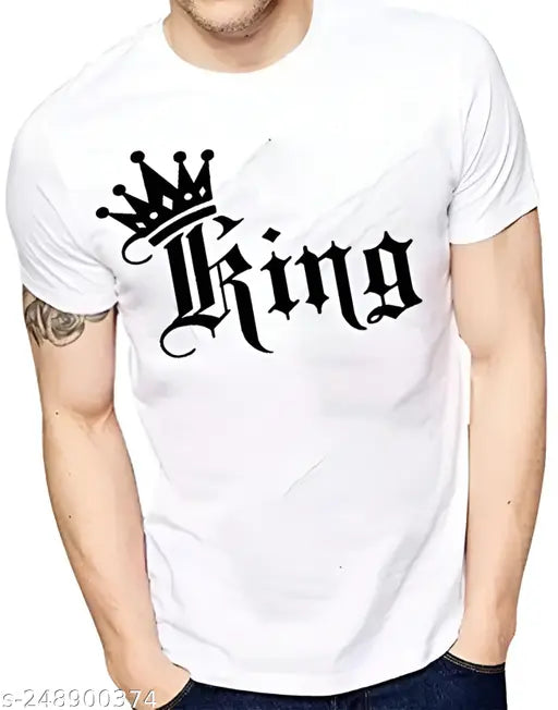 White polyester men's printed round neck t-shirt with short sleeves, featuring vibrant design. Available in sizes S, M, L, XL, XXL from chest sizes 36 to 44 inches. Made in India