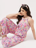Multicolor digital printed Pannkh jumpsuit, vibrant floral pattern on sleeveless polyester suit, women's fashion for casual events, India origin