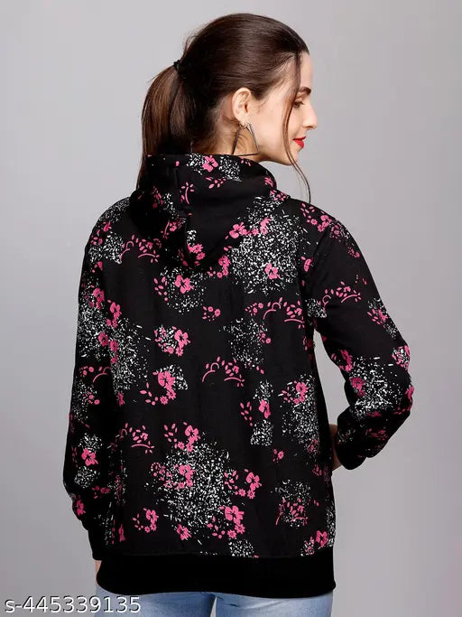 Fleece blend winter hoodie sweatshirt with pockets for women, printed design on long sleeves, gentle machine wash, India-made