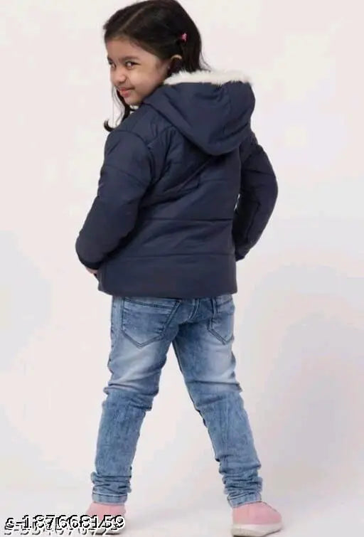 Navy blue polyester girl's jacket, hooded style, front zip closure